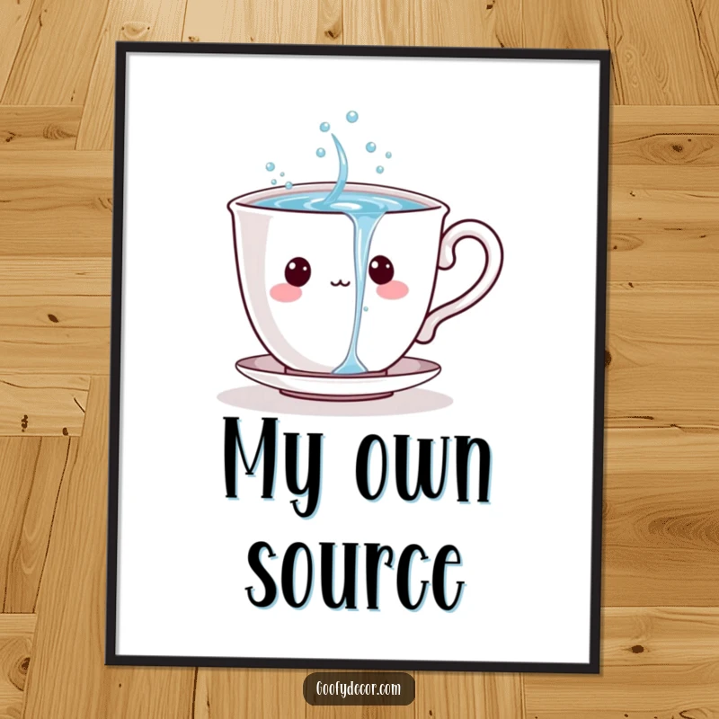 Funny teacup character pouring a stream of sparkling water, depicted as a vibrant art poster.