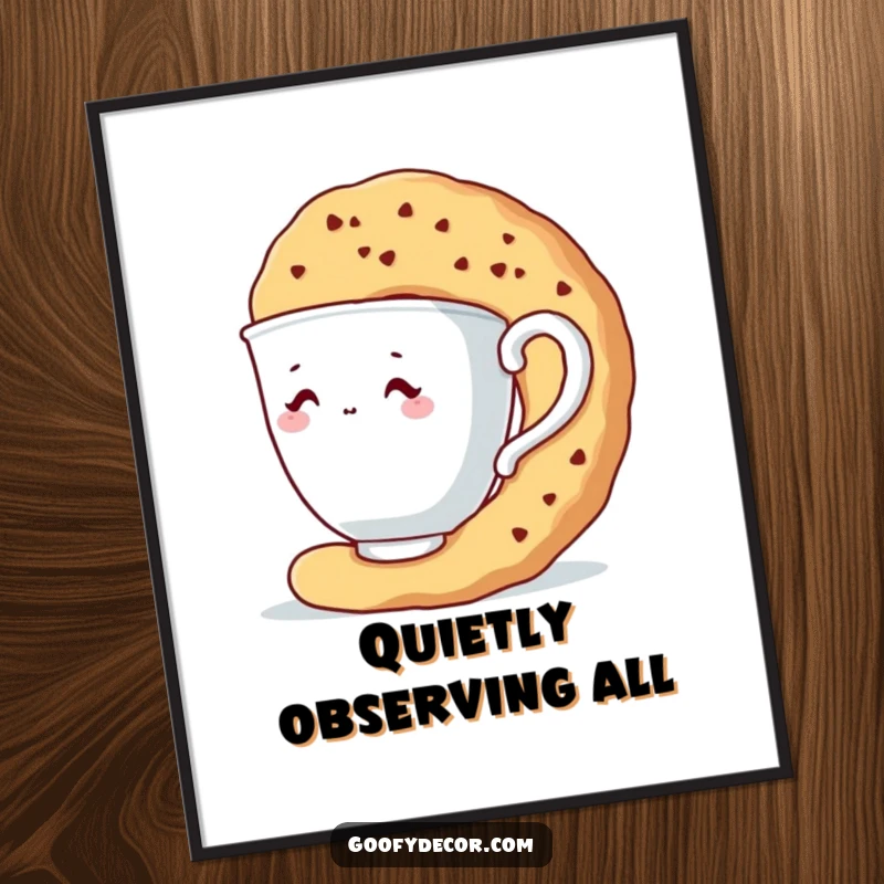 Funny poster print of a shy teacup character peeking cautiously from behind a giant biscuit.