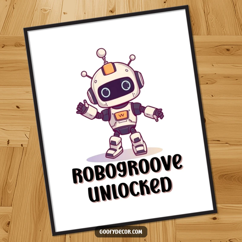 Funny poster print of a robot character energetically spinning in a silly dance, bringing vibrant humor to any room.