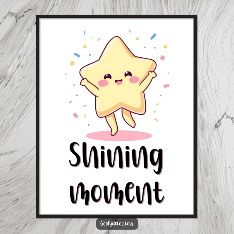 Funny poster art of a jubilant kawaii star dancing joyfully, surrounded by a cascade of colorful confetti.