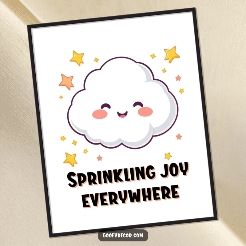 Funny poster featuring a bubbly cloud character joyfully sprinkling a shower of colorful stars across a dreamy background.