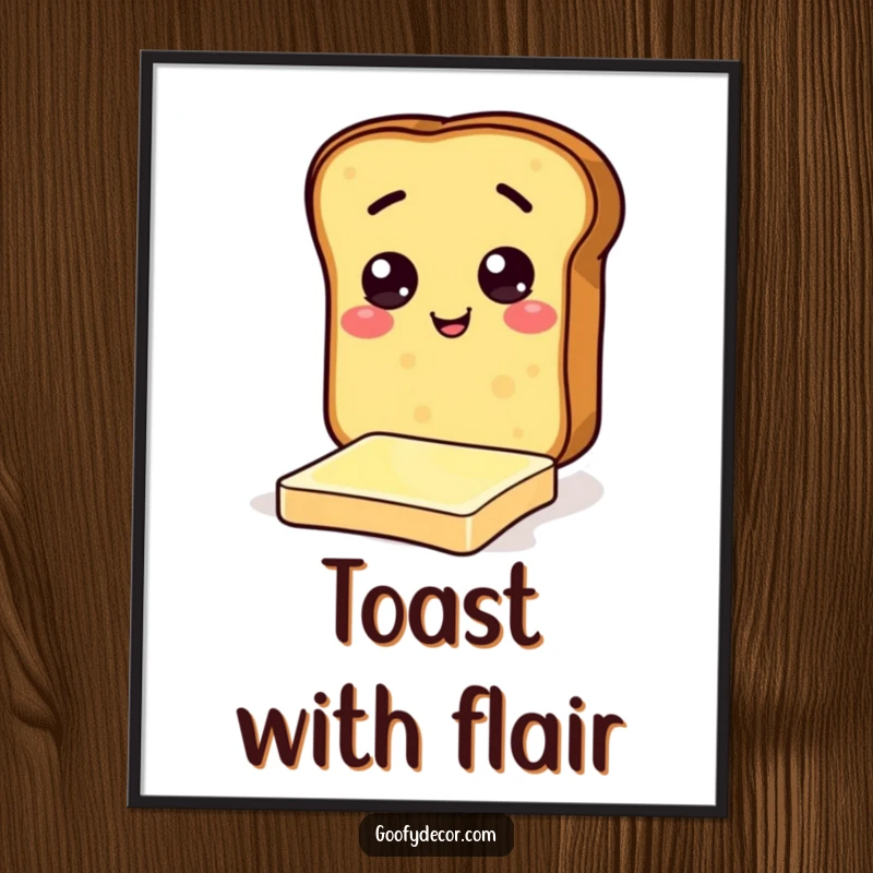 Funny poster of a cheerful toast character comically attempting to slide on a butter pat, a humorous breakfast scene.