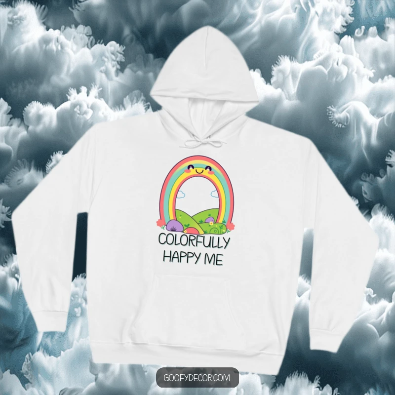 Funny playful rainbow hoodie showing a smiling rainbow character over a happy landscape, perfect for staying warm and radiating positivity.