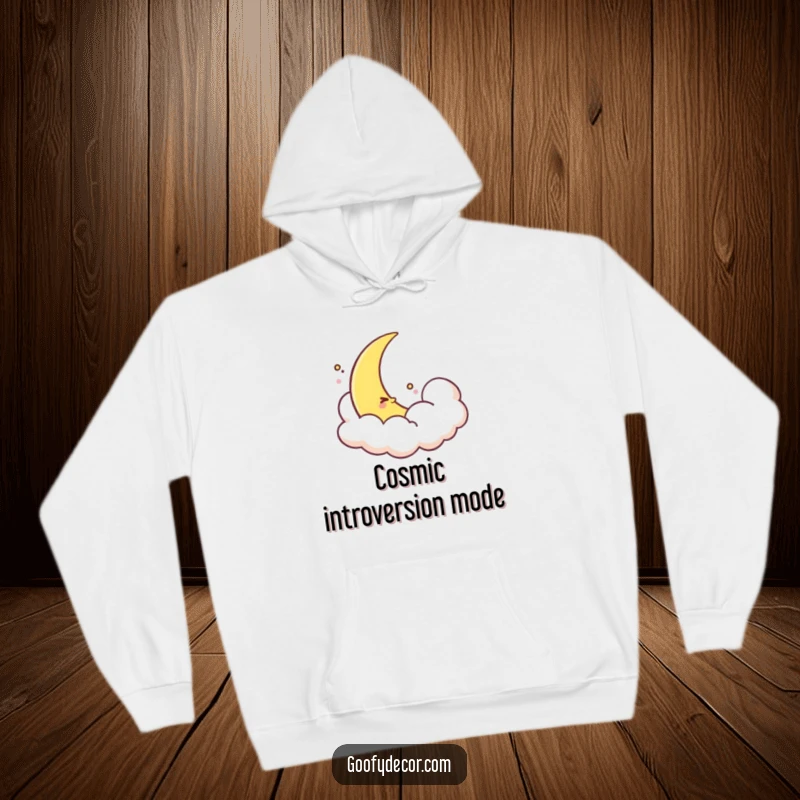 Funny shy moon hoodie showcasing a gentle crescent moon character hiding behind a fluffy cloud, perfect for cozy, dreamy evenings.