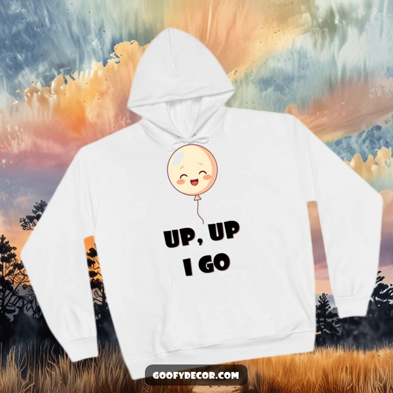 Funny hoodie featuring a happy little balloon character cheerfully floating upwards, perfect for cozy and cheerful vibes.