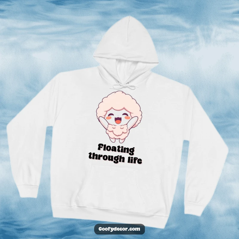 Funny hoodie showcasing a fluffy character happily floating upwards, radiating comfort, coziness, and infectious cheerful energy.