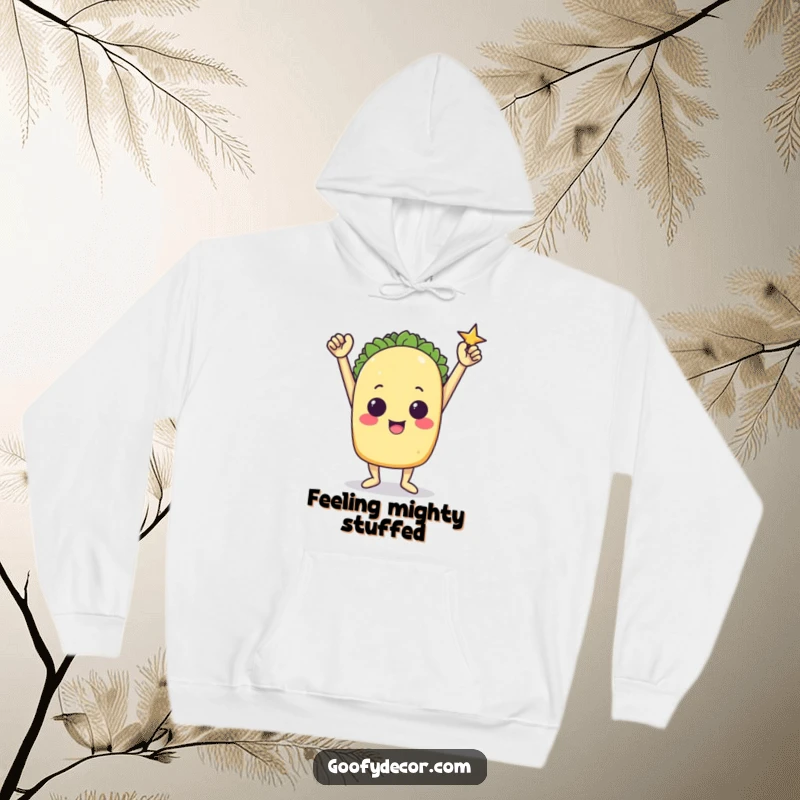 Funny hoodie depicting a triumphant taco character striking a powerful victory pose.