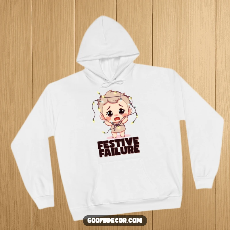 Funny hoodie featuring a bewildered character hilariously tangled in fairy lights, a warm and humorous apparel item.