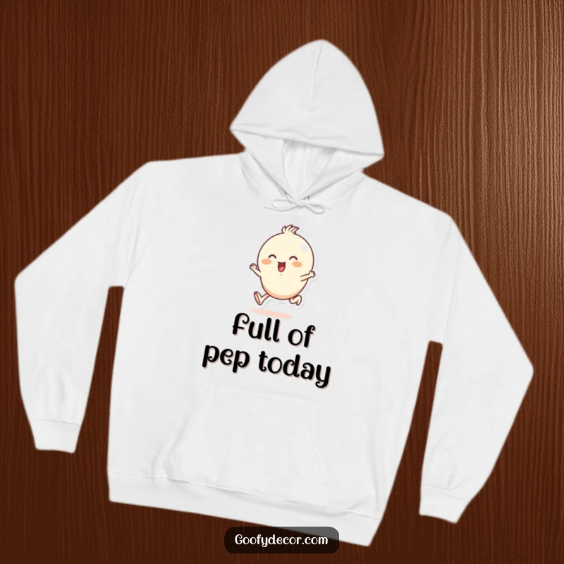 Funny hoodie showcasing a small, round character happily skipping along, radiating warmth, comfort, and infectious joyful energy.