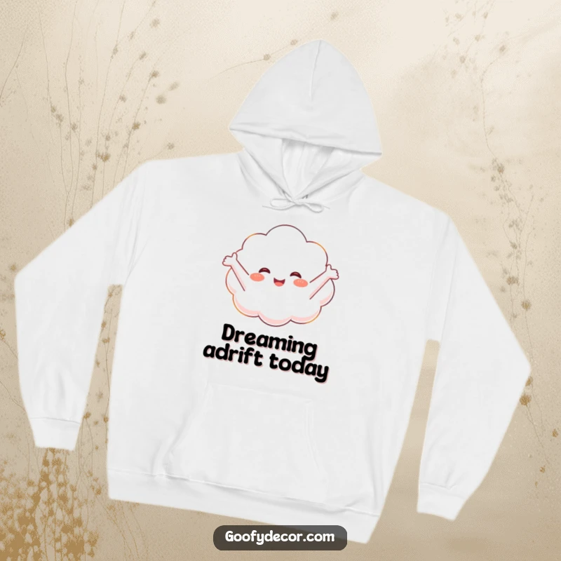 Funny hoodie featuring a happy cloud character embracing the sky with outstretched arms, offering warmth and comfort.