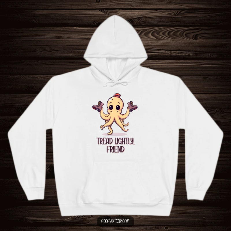Funny goofy octopus character juggling three mismatched boots on a cozy hoodie, symbolizing playful confusion.