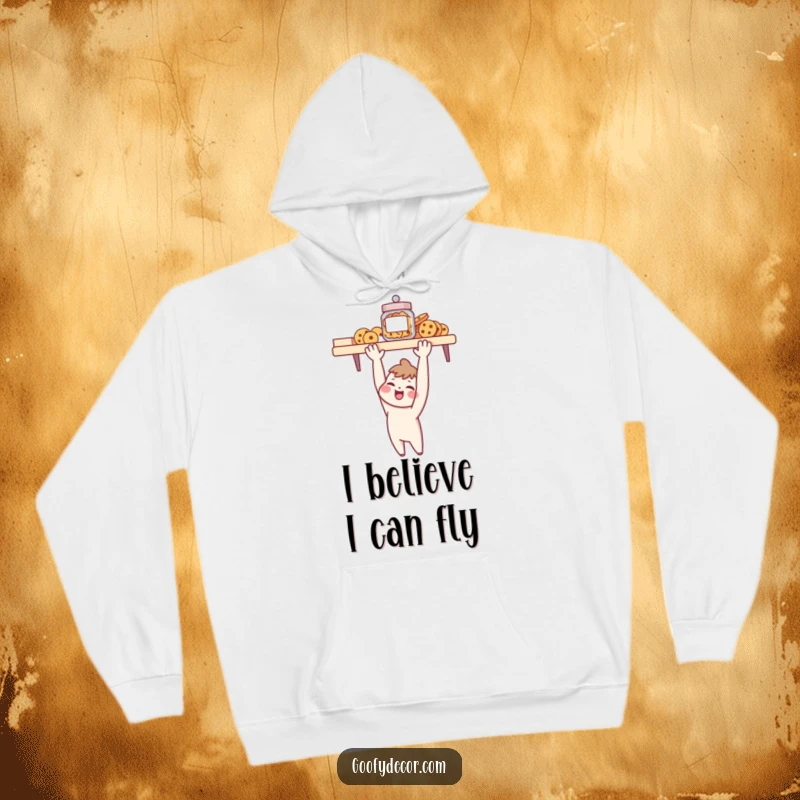 Funny hoodie showing a cheerful character stretching to reach a cookie jar on a high shelf, a humorous depiction of desire.