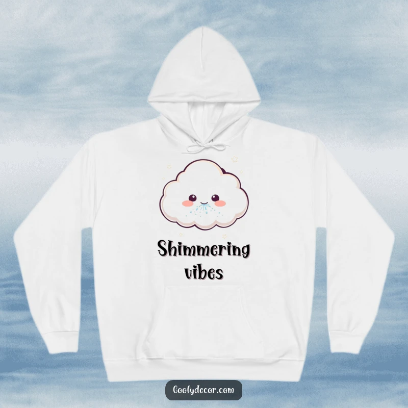 Funny, warm hoodie featuring a kawaii cloud character sneezing glitter, perfect for cozy days filled with magic.