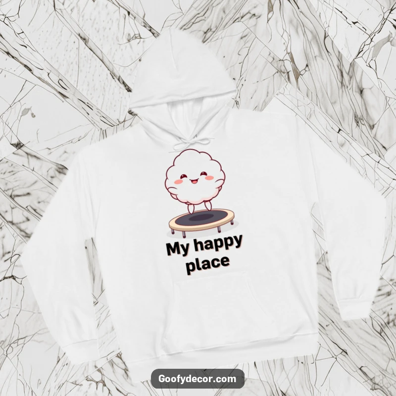 Funny Kawaii Cloud Hoodie depicting a goofy grinning cloud character having a blast bouncing high on a trampoline.