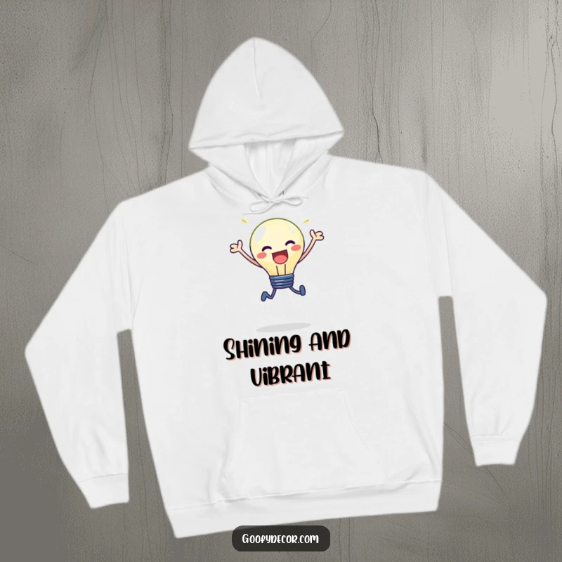 Funny kawaii lightbulb character with a radiant glow, performing a happy leap, on a warm and cozy hoodie.