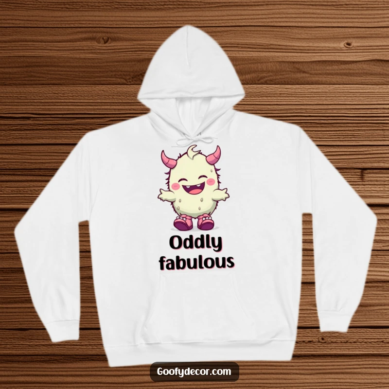 Funny, warm hoodie featuring a giggling kawaii monster sporting fun, mismatched shoes, perfect for cozy and cheerful days.