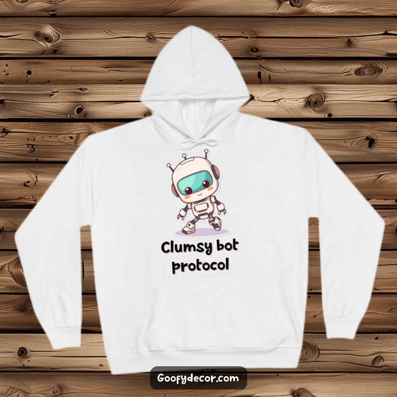 Funny Kawaii Robot Tripping Hoodie: Soft hoodie featuring a cute robot comically tripping over its feet, ideal for comfort and humor. A warm funny gift.