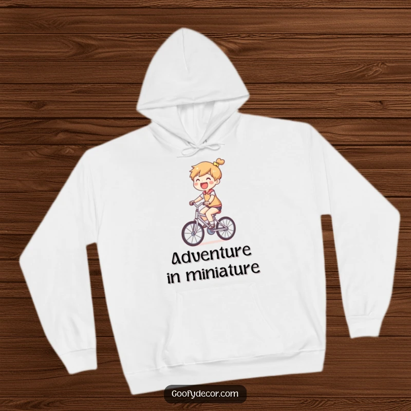 Funny Small Bicycle Hoodie featuring a joyful character riding a comically undersized bicycle, exuding fun and determination.