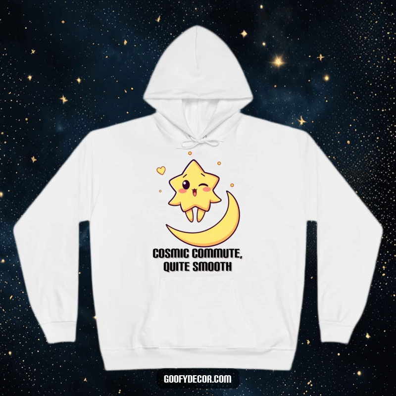 Funny hoodie featuring a surprised star character winking while balancing precariously on a crescent moon, perfect for cozy, humorous stargazing.