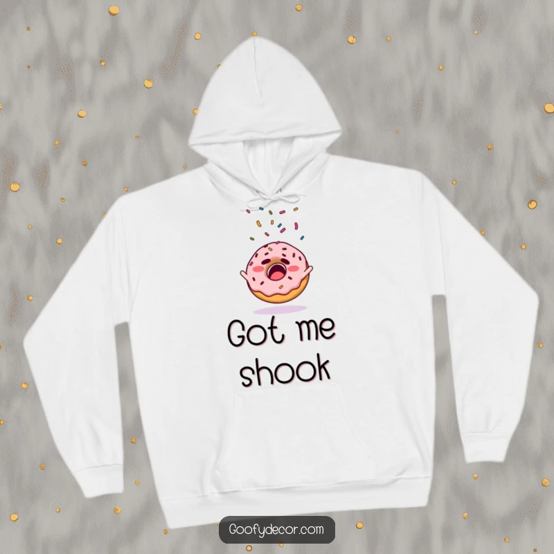 Funny hoodie depicting a startled donut character with its sprinkles flying dramatically around it.