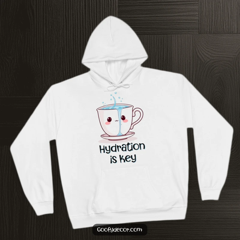 A cheerful teacup character pouring a stream of sparkling water, printed on a soft hoodie.