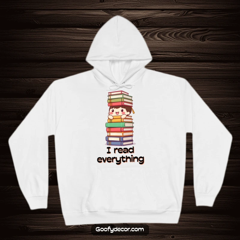 Funny happy character hoodie, comically balancing a huge stack of books, radiating warmth and a love for stories.