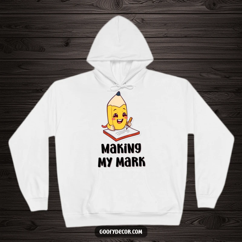 Funny kawaii mischievous pencil character grinning as it scribbles on a notepad, on a warm hoodie.