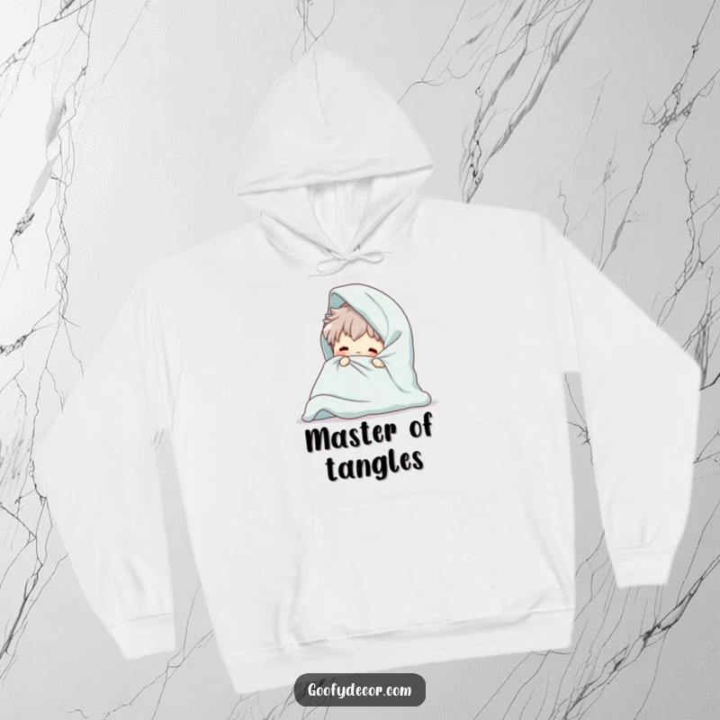 Funny Giant Blanket Hoodie featuring a playful character hilariously attempting to tame an oversized blanket, exuding fun.