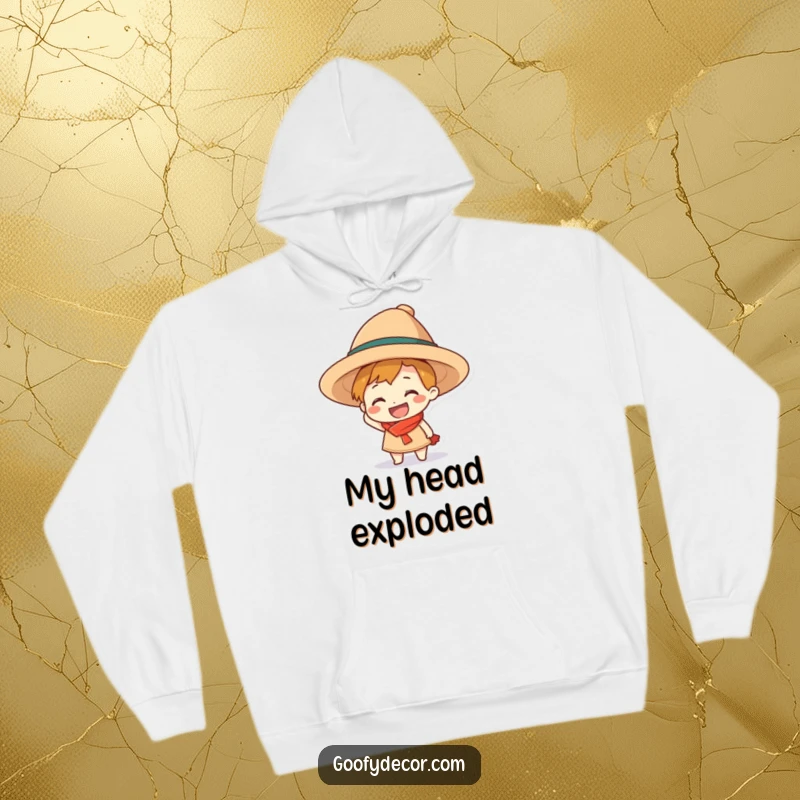 Funny grinning character hoodie, comically trying to fit into an oversized hat, radiating happiness and boldness.