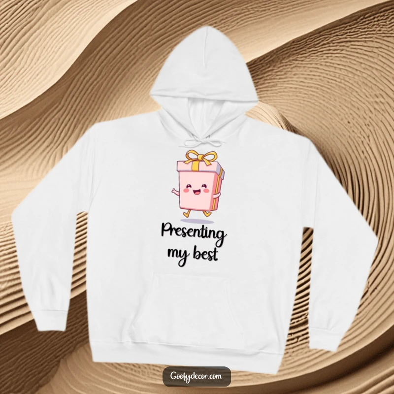 Funny kawaii smiling gift box character doing a happy skip, on a warm and cozy hoodie.