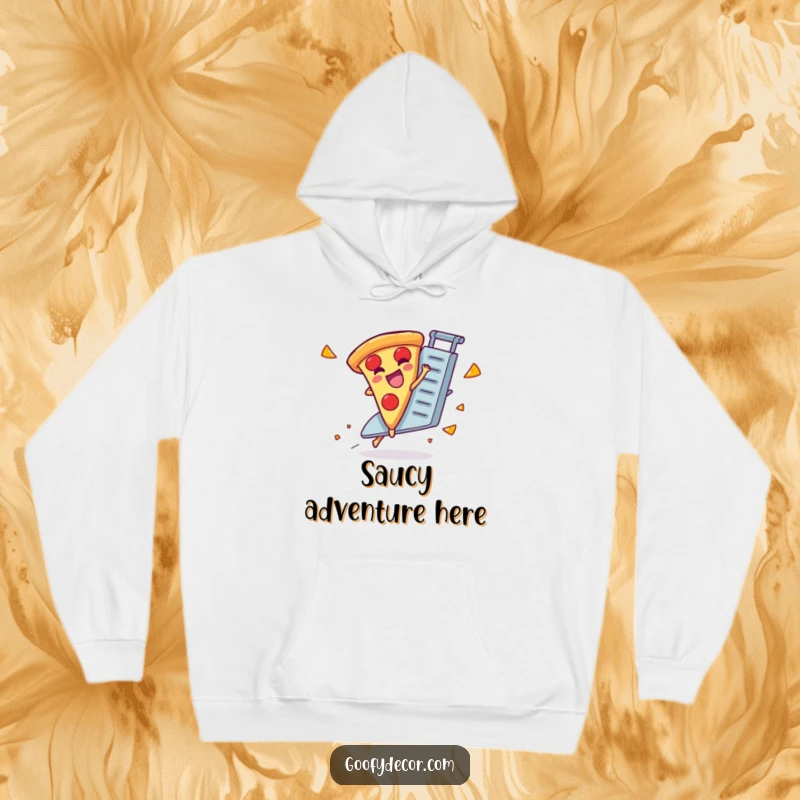 Funny hoodie depicting a giggling pizza slice character on a runaway cheese grater, providing warmth and humor.