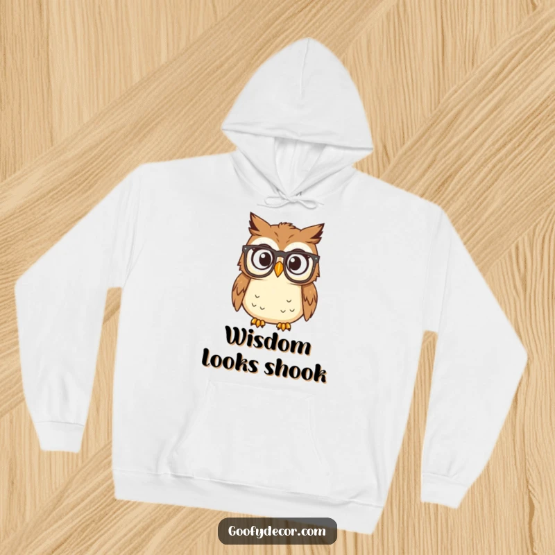Funny owl in reading glasses, eyes wide with surprise, on a cozy hoodie, great for book lovers and smart humor.