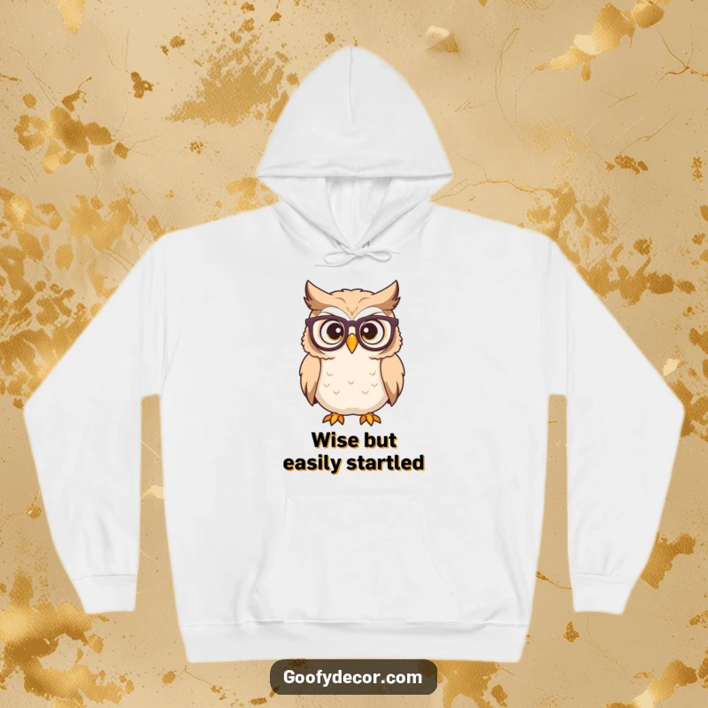 Funny owl hoodie featuring a determined character with glasses looking surprised, perfect for cozy, smart wear.