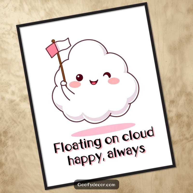 Funny Free Printable Cloud Wall Art: A happy cloud character waves a tiny flag, bringing cheerful vibes.