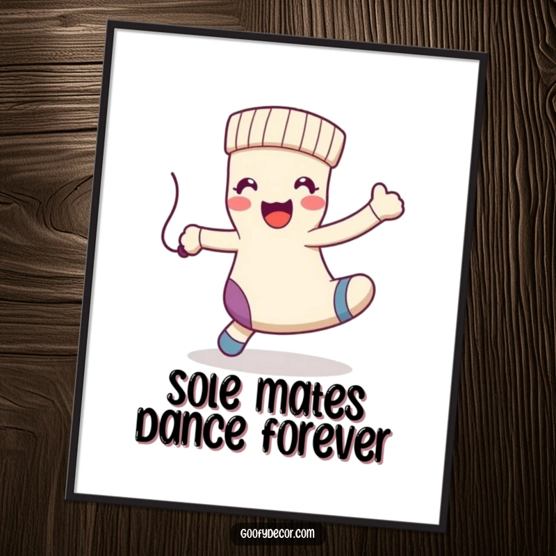 Funny Free Printable Wall Art: A kawaii sock character does a silly dance, playfully interacting with a dangling string.