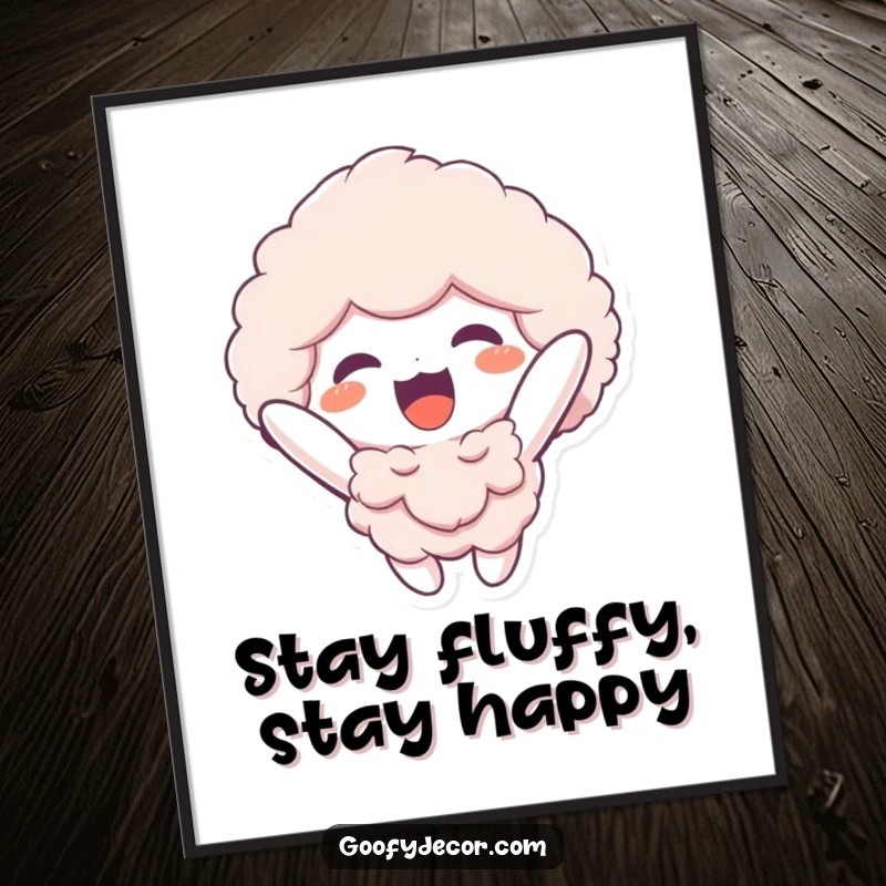 Funny Free Printable Wall Art of a fluffy character cheerfully floating upwards with a serene, joyful expression.