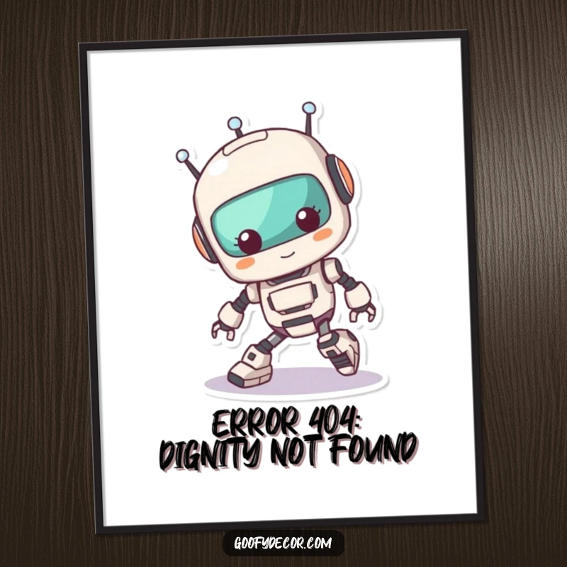 Funny Free Printable Wall Art: Adorable kawaii robot hilariously trips over its own feet with a comical expression.