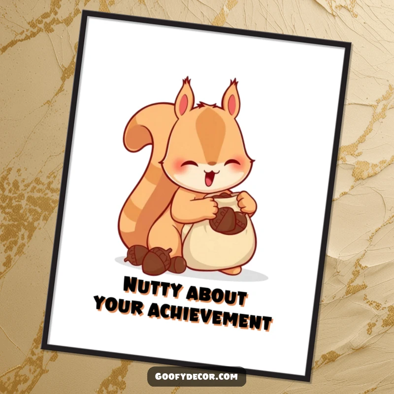 Free Printable Wall Art: a happy squirrel character busily collecting acorns and stuffing them into a small, bulging bag.