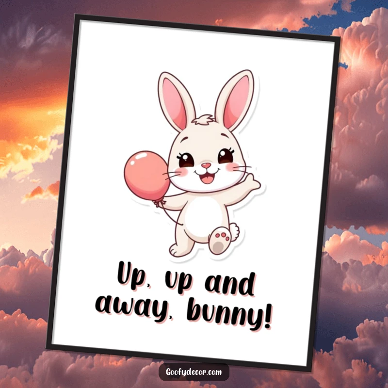 Funny Free Printable Wall Art: A smiling bunny character is enthusiastically bouncing a bright and colorful balloon.