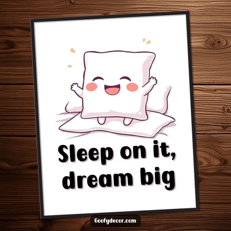 Funny free printable wall art: A giggling pillow character bouncing with uncontrollable mirth on a cozy bed.