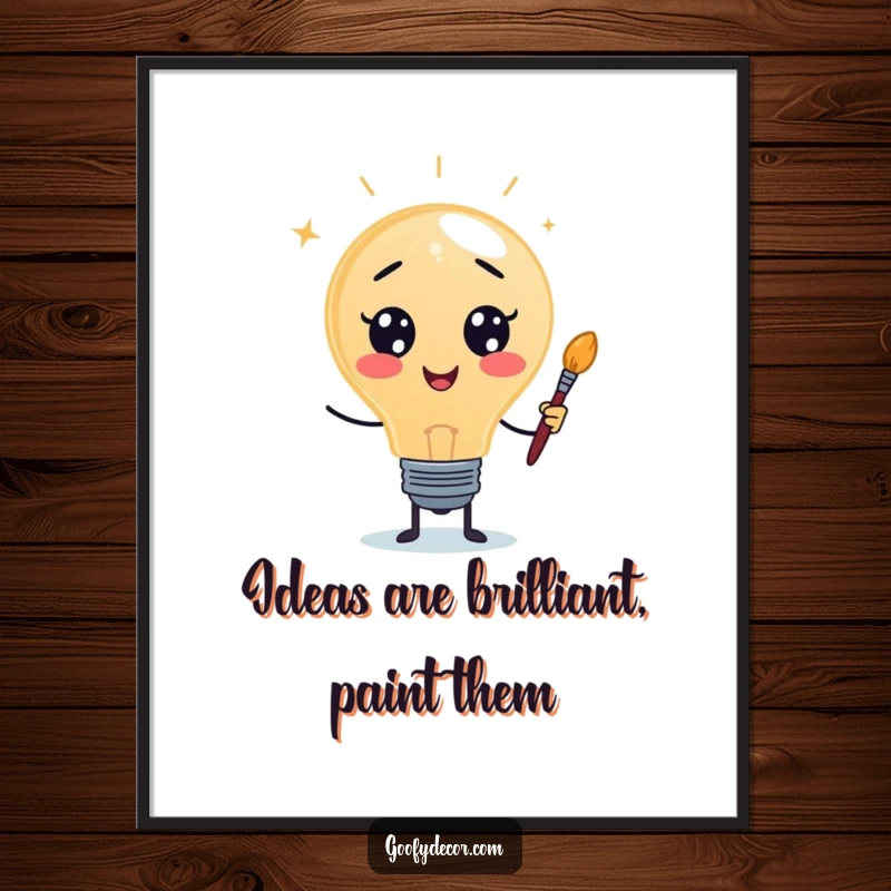 Funny free printable wall art: Whimsical lightbulb character flickers with a creative idea, holding a tiny paintbrush.