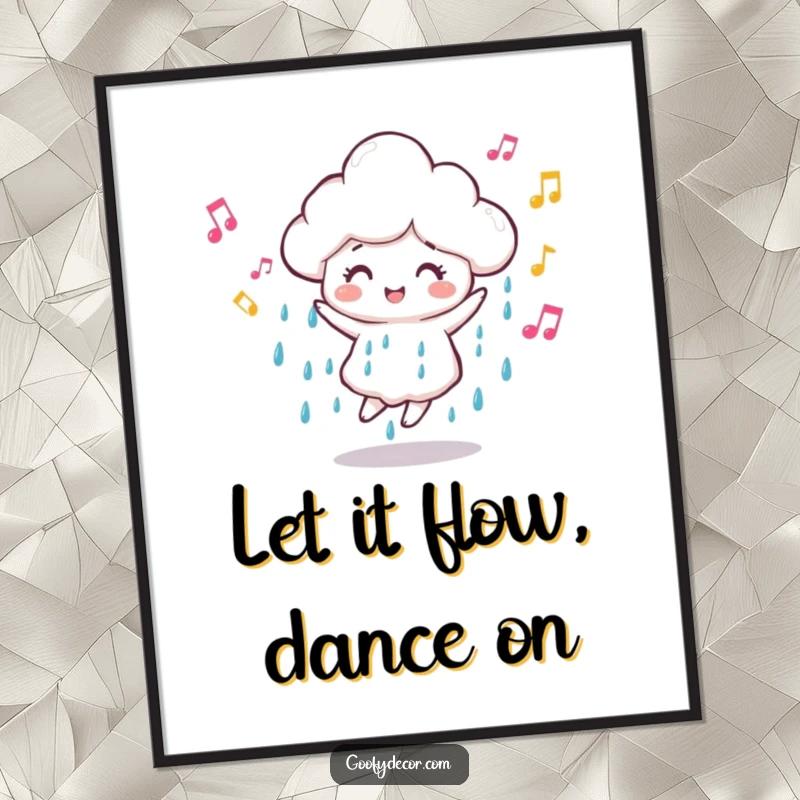 Joyful Free Printable Wall Art: A dancing rain cloud character floats with musical notes swirling around it.