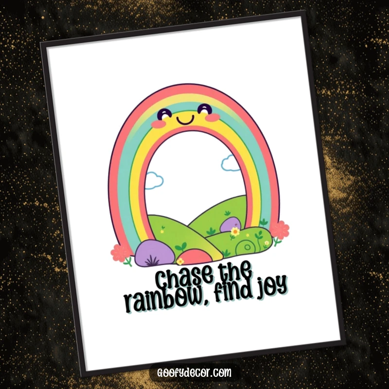 Cheerful Free Printable Wall Art: A playful rainbow character with a wide smile arches happily over a vibrant landscape.