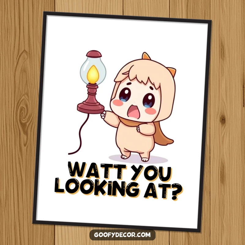 Funny Free Printable Wall Art: a surprised character clutching a dangerously teetering lamp, perfect humorous home decor downloadable.