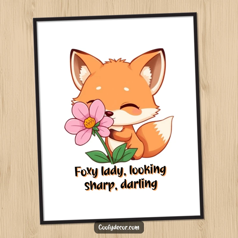 Quirky Free Printable Wall Art: A playful fox character winks mischievously while peeking from behind a colorful flower.