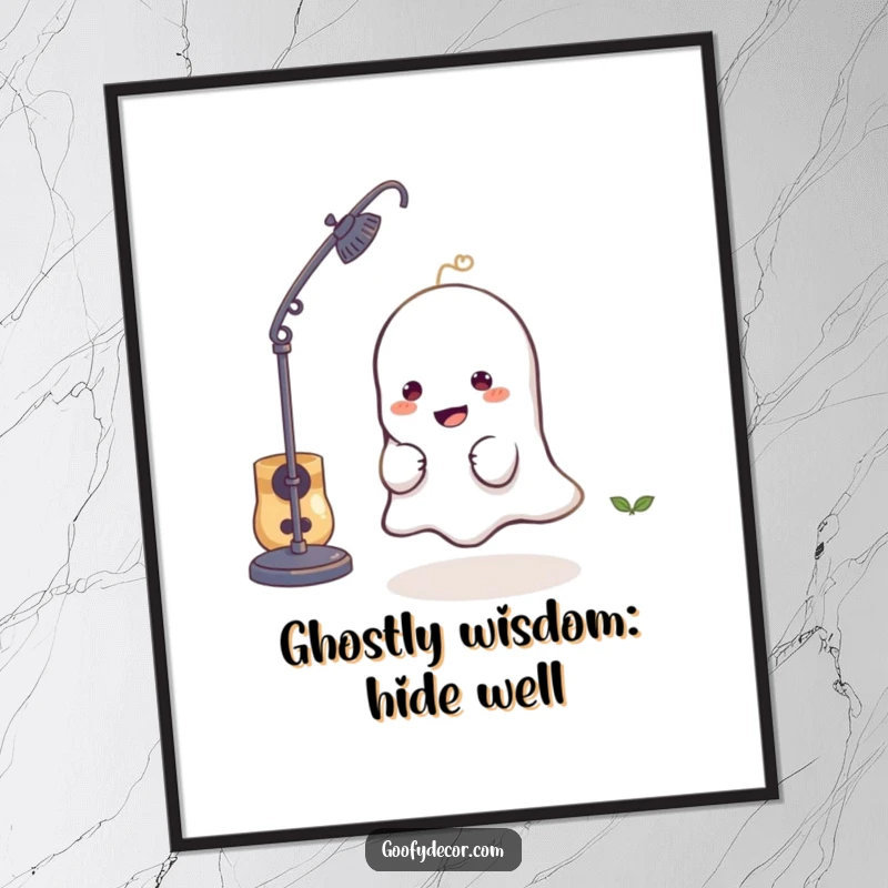 Funny Free Printable Wall Art of a mischievous ghost character playfully hiding behind a lamp, adding a humorous touch.