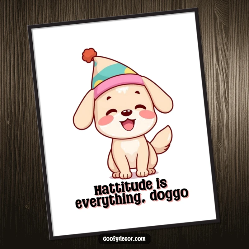 Funny Free Printable Wall Art: A happy dog with a silly hat is joyfully wagging its tail, full of personality.