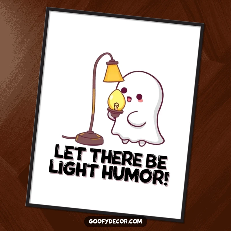 Funny Free Printable Wall Art: Cute kawaii ghost playfully tickles a lamp, creating a lighthearted scene.
