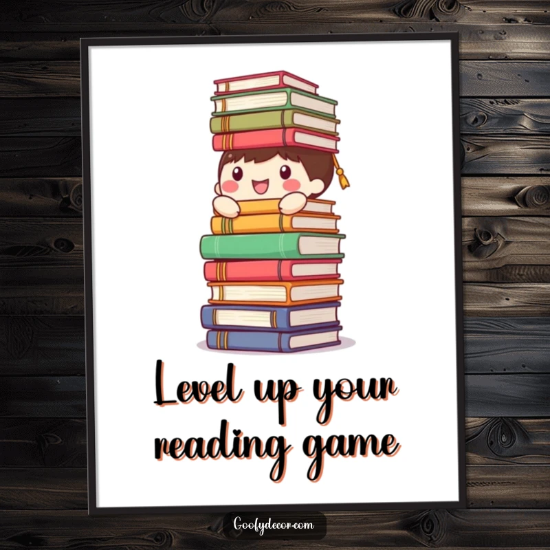 Funny Free Printable Wall Art: a happy character skillfully balancing a precarious tower of books, perfect humorous literary decor.