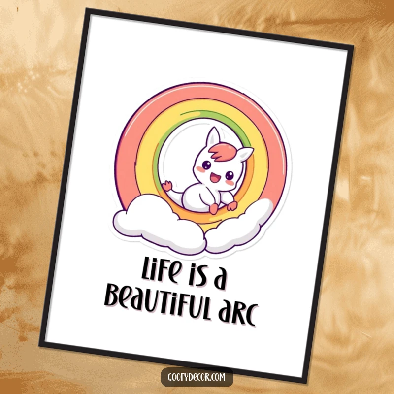 Funny Free Printable Wall Art: A mischievous rainbow character in mid-slide down its own vibrant arc, full of energy.